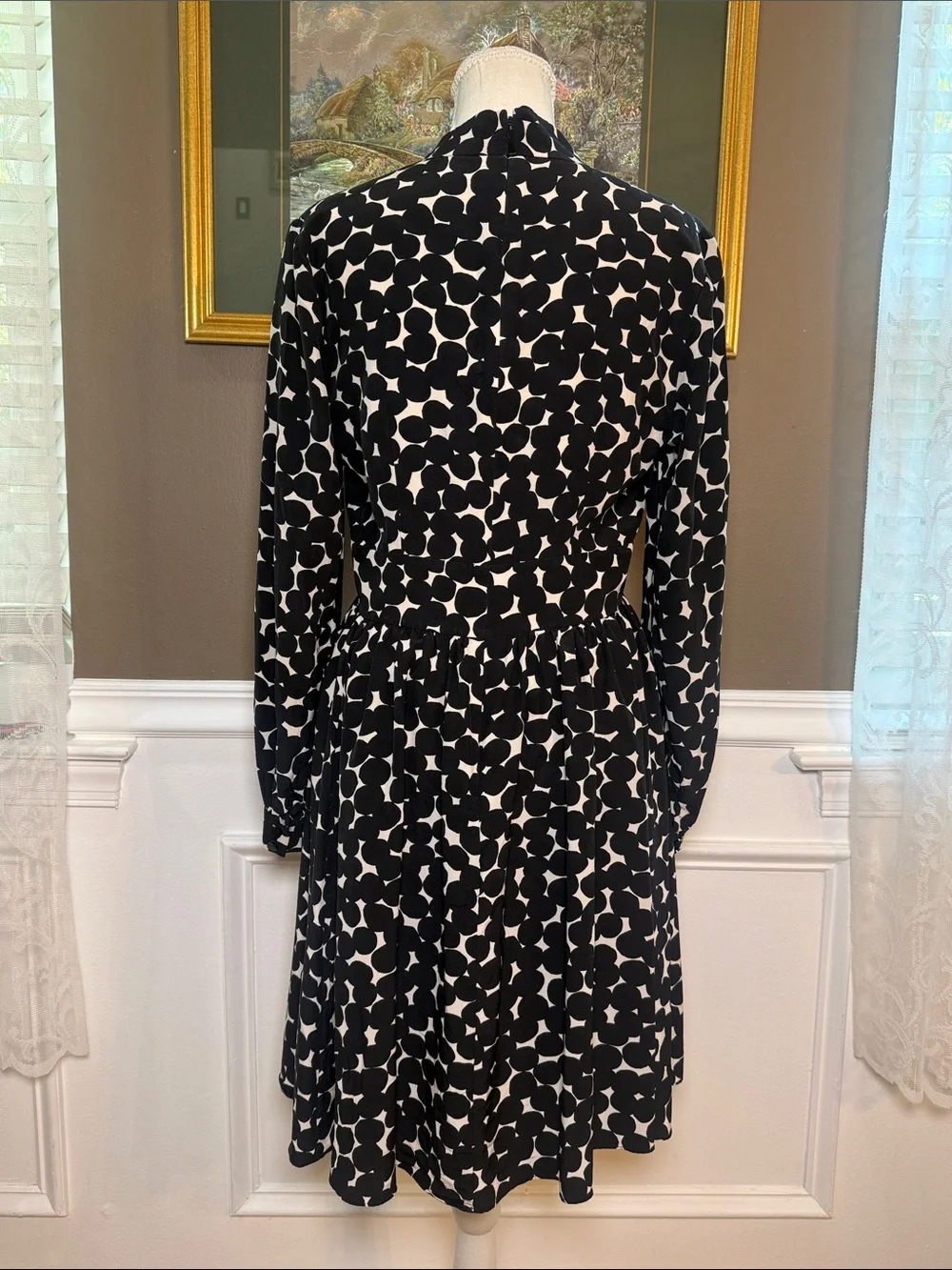 Kate Spade Black White 100% Silk Long Sleeve Fit & Flare Dress Size 6